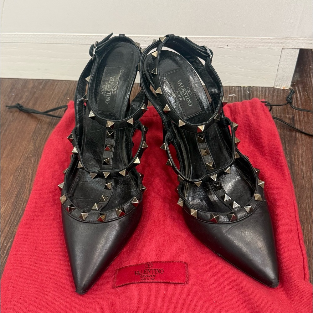 Valentino Black Leather Rockstud Strappy Pointed Heels